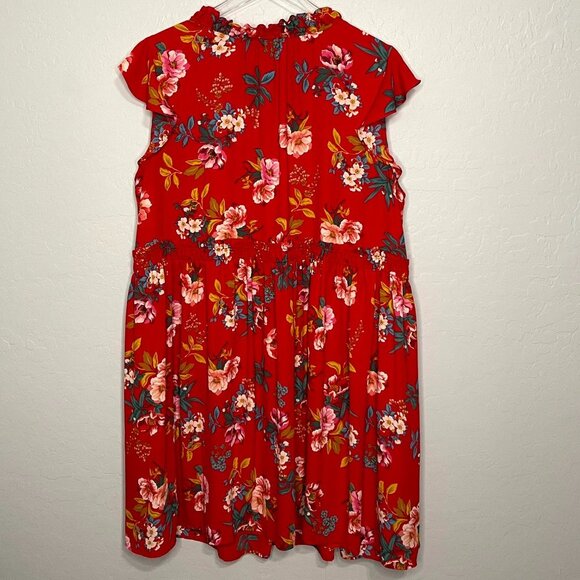 LOFT Red Floral Smocked Swing Tie Neck Dress 18 - Picture 10 of 10